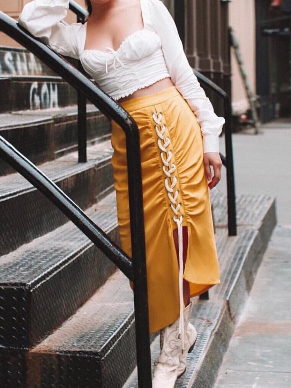 N12H Francine Lace Up Midi Skirt in Mango